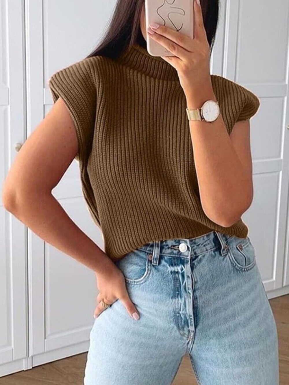 Women Shoulder Pad Knit Vest Size L Brown High Neck Sleeveless Stretch Cotton